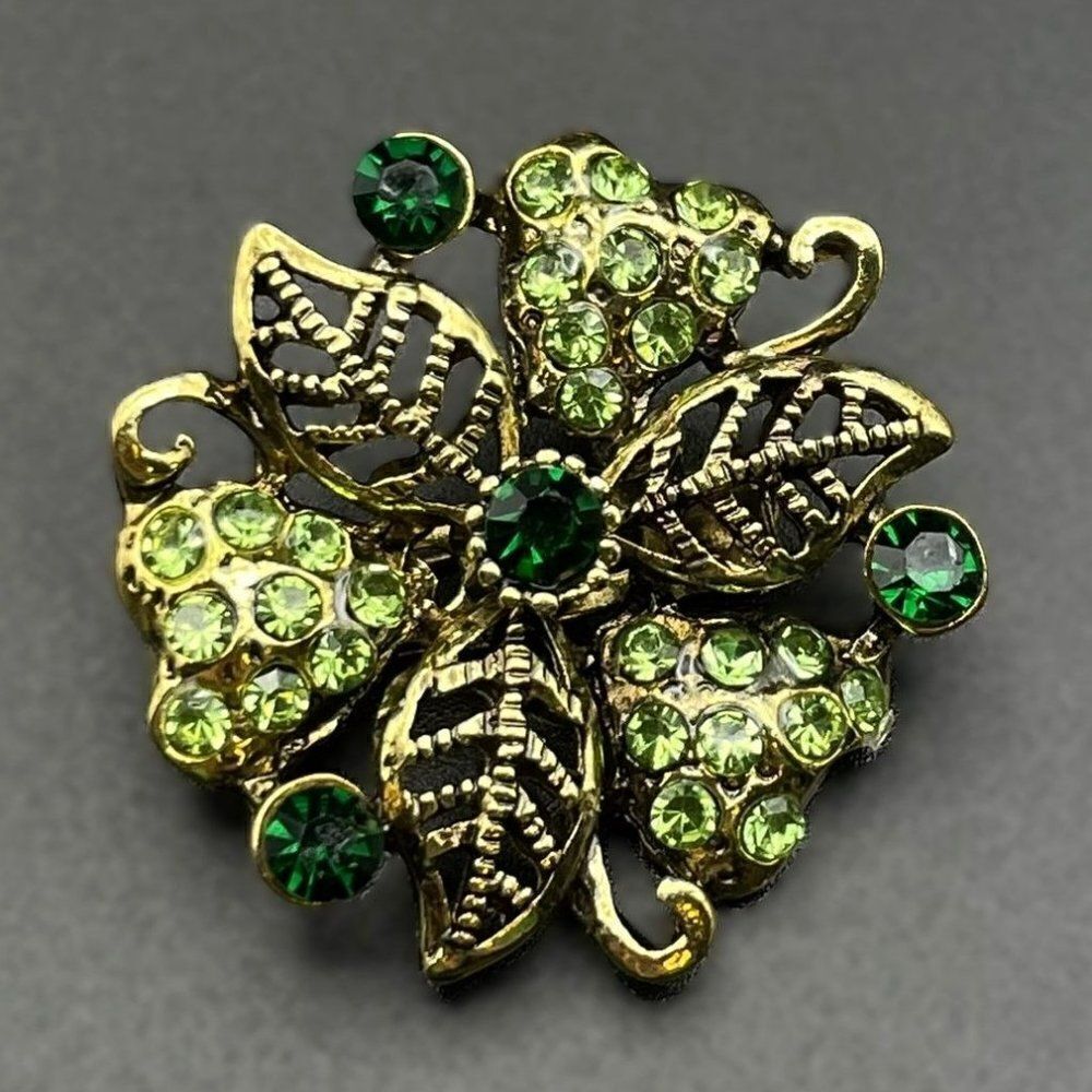 Yellow Gold with Emerald and Peridot Green Crystal Floral Leaf Pin Back Brooch